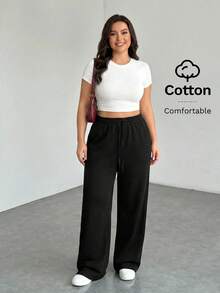 SHEIN PETITE CURVE 大尺碼舒適休閒純色針織寬腿女款運動長褲 - 黑色 - 查看 5