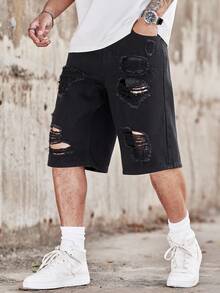 Manfinity Roghcode Men's Casual Daily Shorts With Pocket, Button And Distressed Design - Black - View 1
