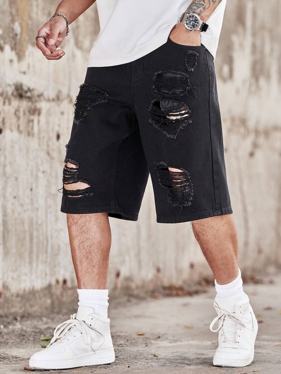 Manfinity Roghcode Men's Casual Daily Shorts With Pocket, Button And Distressed Design - Black - View 1