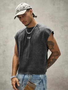 PAVTROS Men's Letter Embroidered Crew Neck Casual Versatile Tank Top - Black - View 3