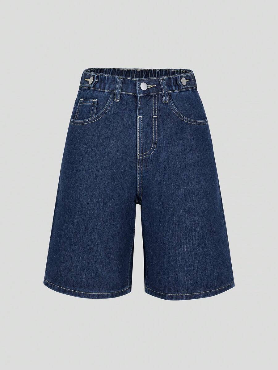 SHEIN 青少年女孩牛仔褲夏季新品,青少年女孩牛仔褲,淺藍色水洗牛仔色,休閒舒適,寬鬆寬腿版型,舒適棉質牛仔布料,居家日常上學通勤派對穿搭,青少年女孩牛仔短褲 - 深色水洗藍 - 查看 1