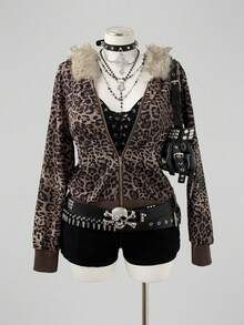 Sunspun Fashionable Leopard Print Fur Collar Slim Fit Long Sleeve Sweatshirt Winter - Brown - View 3