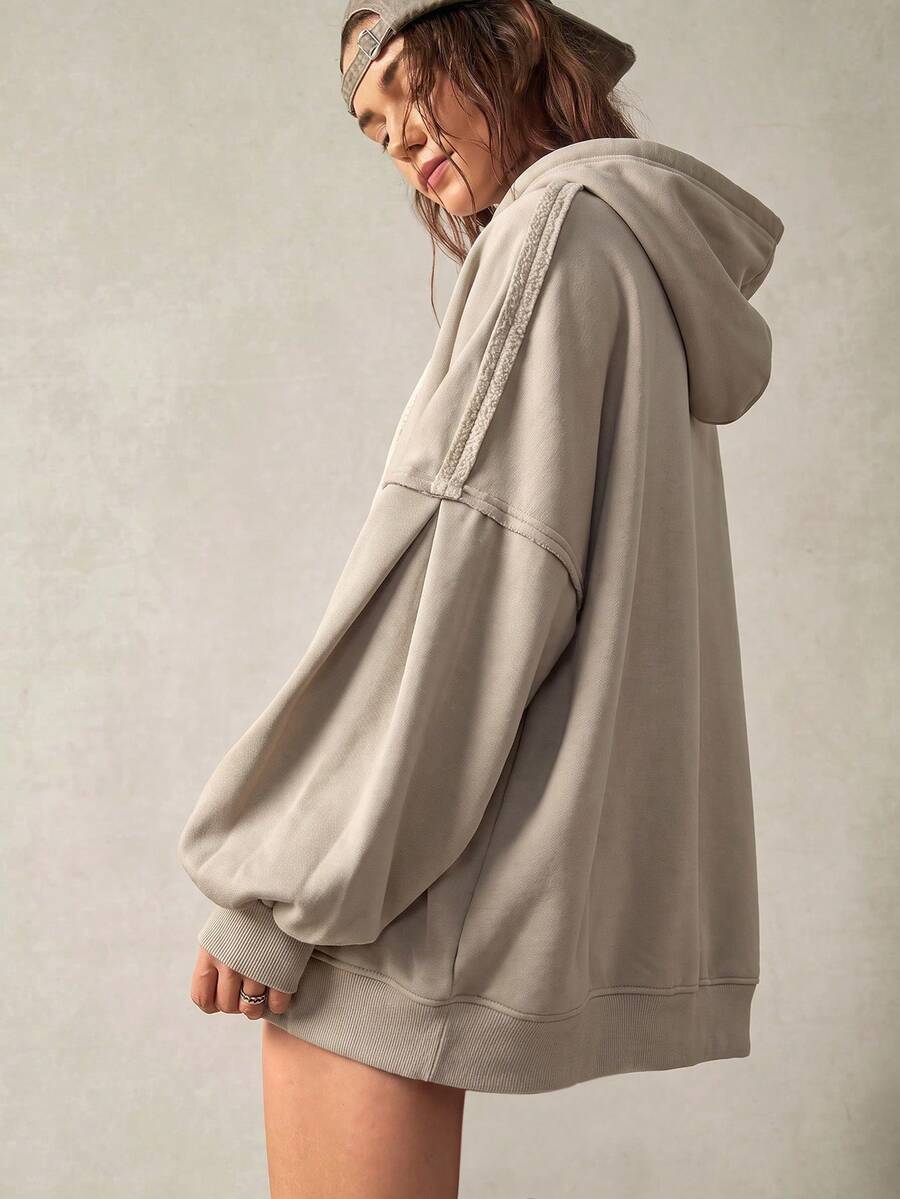 Bohemela Women's Solid Color Drop Shoulder Long Sleeve Zipper Front Drawstring Hooded Fleece Sweatshirt - Apricot - View 1