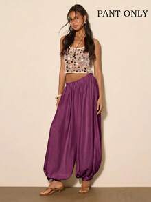 COSMINA Women's Solid Color Pleated Casual Boho Versatile Daily Lantern Pants Everyday Vacation Dark Purple Fall - Burgundy - View 4