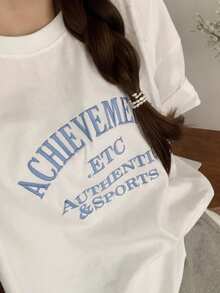 DAZY Women's Loose Fit Round Neck Short Sleeve T-Shirt With Letter Embroidery Summer Oversized T-Shirt - White - View 5