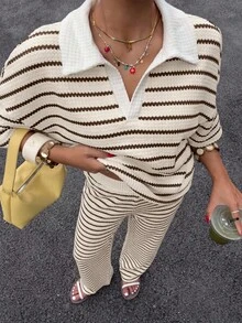 Muchica Women's Striped Drop Shoulder Sleeve T-Shirt And Pants Casual 2-Piece Set - Brown - View 4