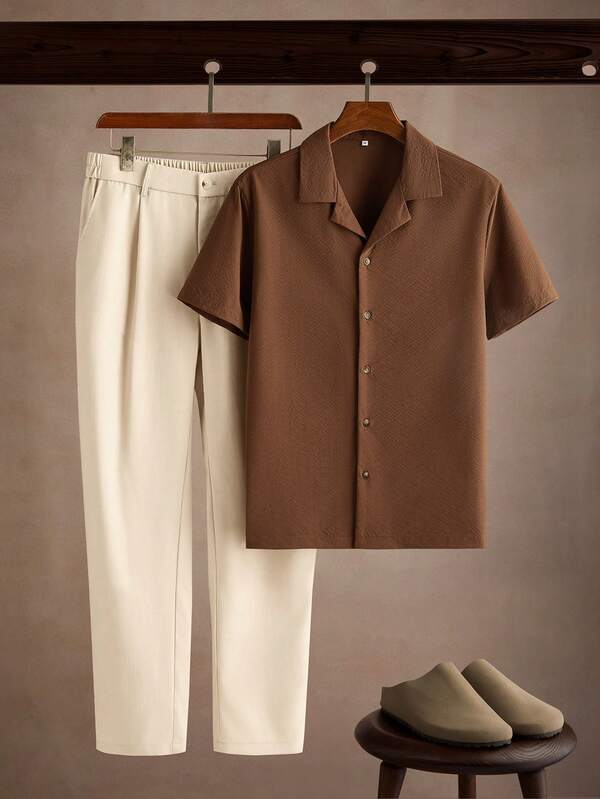 Core Aspect Men's Vintage Cuban Collar Shirt, Minimalist Solid Color Commuter Short Sleeve Top, Straight Leg Casual Cropped Pants Set
