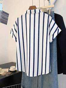 SHEIN Women's Elegant Casual Blue And White Stripe Lapel Collar Rolled Short Sleeve Loose Button Down Blouse, Summer Tops, Party Brunch Top, Beach, Office - White - View 3