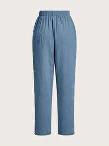 SHEIN PETITE CURVE Setelan 2 Potong Gaya Prancis Ukuran Besar, Celana Linen Kasual dengan Pinggang Elastis, Nyaman dan Serbaguna, Cocok untuk Pakaian Sehari-hari, Liburan, dan Perjalanan Musim Gugur - MultiWarna - View 6