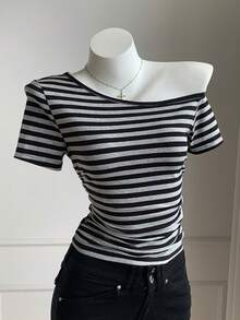 Comfortcana Women's Striped Asymmetric Neck Casual Versatile Daily Wear T-Shirt - Dark Grey - View 3