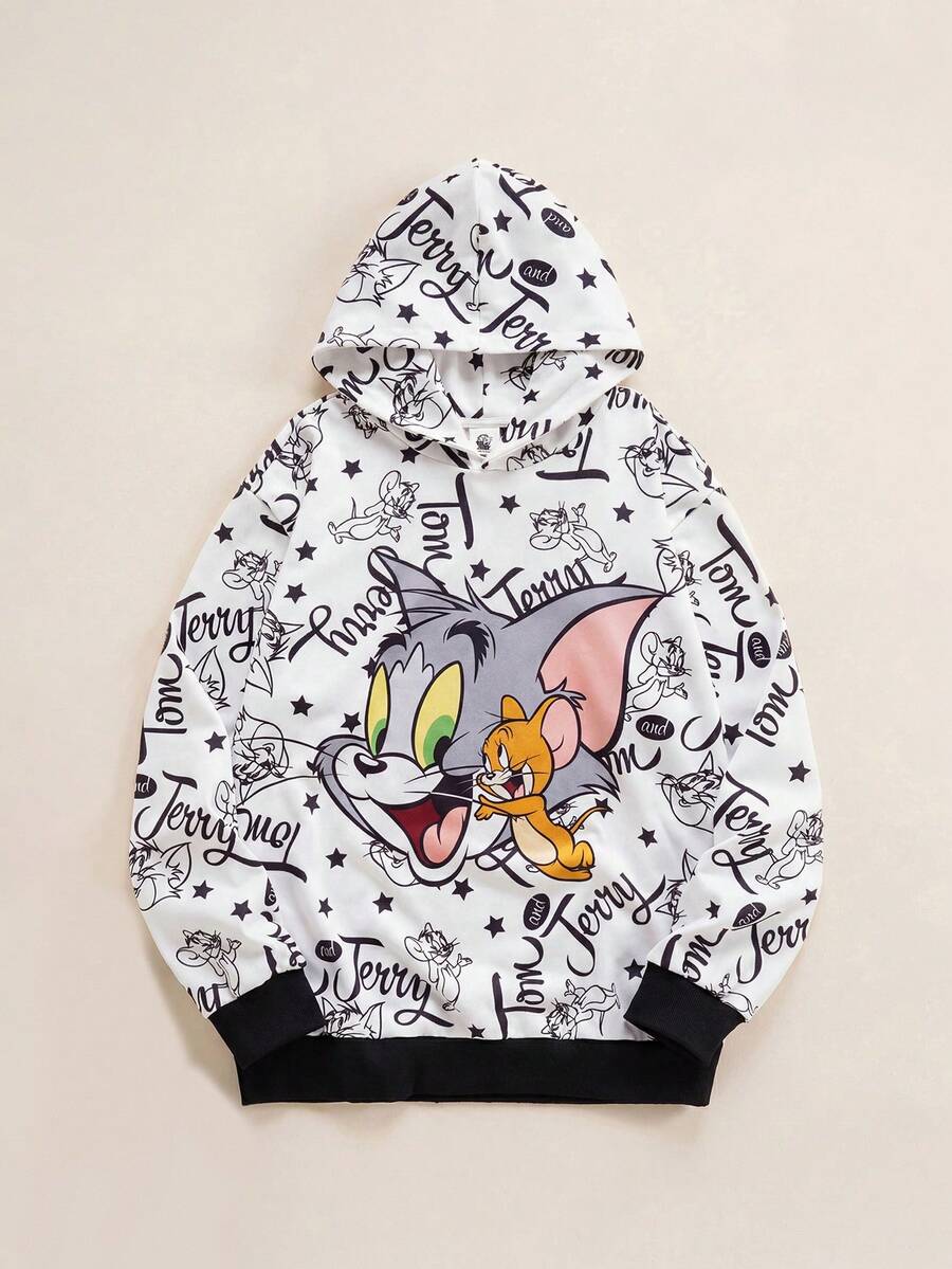 TOM & JERRY X SHEIN 男士休闲时尚街头卡通字母星形印花落肩宽松连帽衫,春秋季长袖上衣 - 白色 - 查看 1