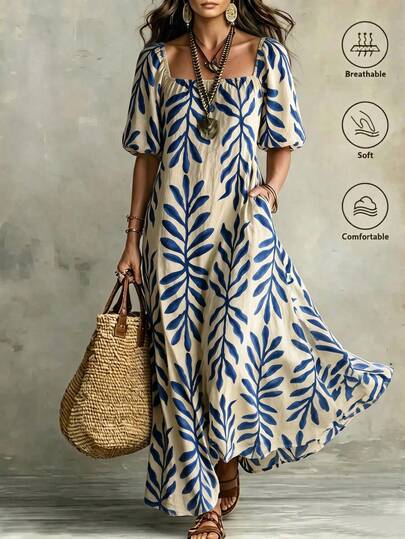 SHEIN Holidaya Women's Fashion Printed Square Neck Puff Sleeve Long Dress, Loose Fit Slimming Casual Dress, Suitable For Vacation, Travel, Daily Wear, Beach