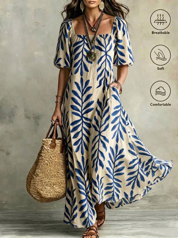 SHEIN Holidaya Women's Fall Fashion Printed Square Neck Puff Sleeve Long Dress, Loose Fit Slimming Casual Dress, Suitable For Vacation, Travel, Daily Wear, Beach