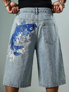 ROMWE MEN Street Life Men's Fish Pattern Embroidered Denim Shorts - Blue - View 1