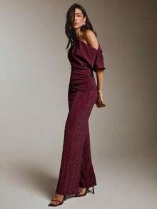 COSMINA Women's Solid Color Asymmetric Shoulder Pleated Top And Pants Casual Daily Set - Burgundy - View 6