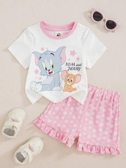 TOM & JERRY X SHEIN Baby Girl Letter Cartoon Print Short Sleeve T-Shirt And Shorts Casual Daily Outfit Set