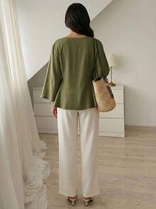 Elenzga Casual Versatile Commute Solid Color Shirt - Green - View 2
