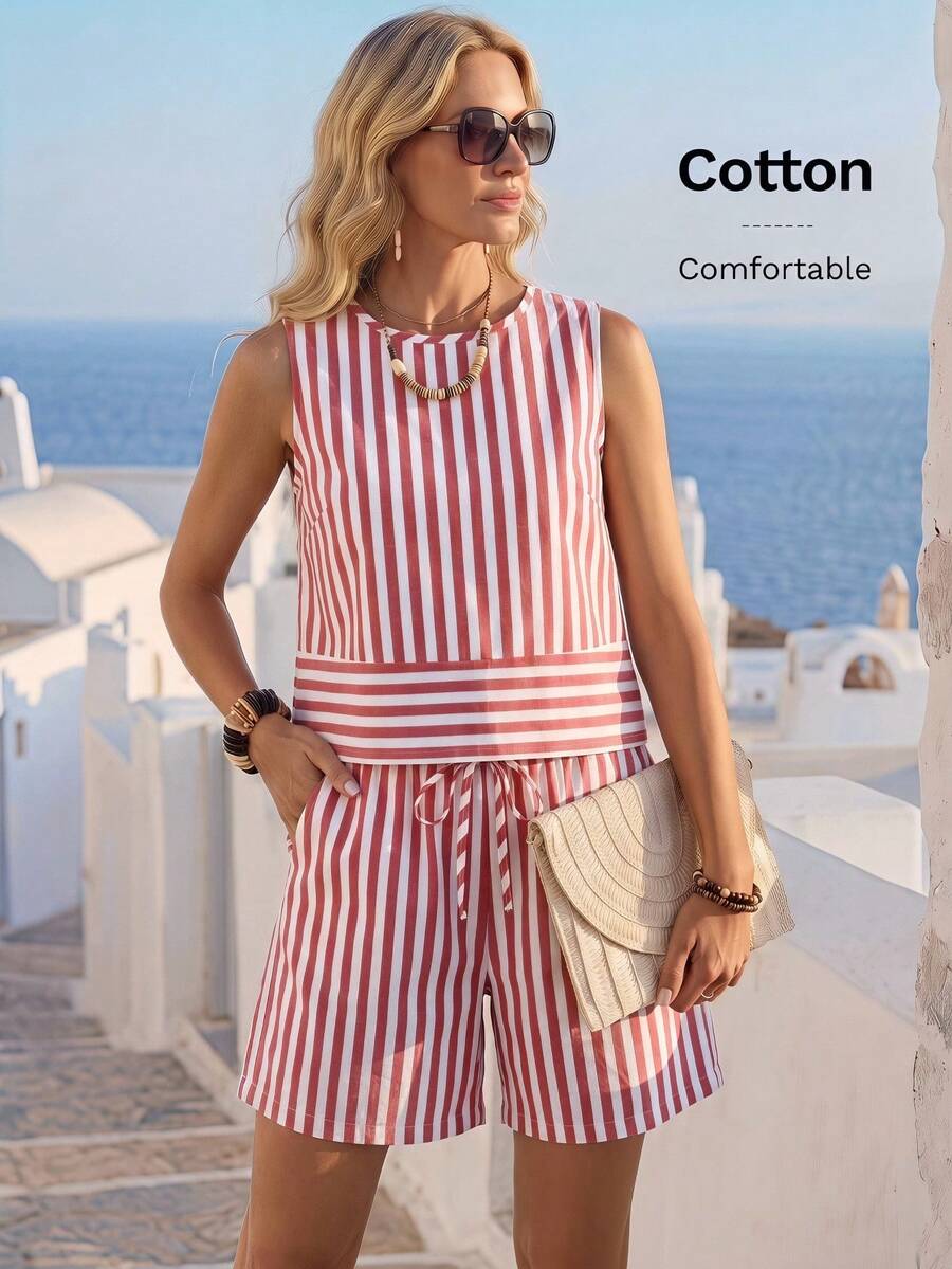 SHEIN LUNE Set de 2 piezas de top de tirantes a rayas y pantalones cortos casuales de verano para mujer - Multicolor - Ver 1