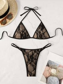 Bonvoyette Summer Beach Deep V Lace Sexy Lace-Up Bikini Swimwear Set - Black - View 2