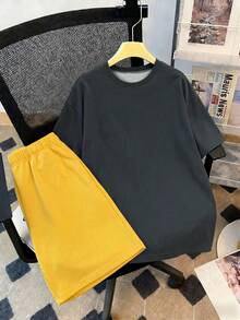 Fantacosmos 2pcs Boys' Colorblock Short Sleeve Tee And Dark Grey Butter Yellow Shorts Set, Spring/Summer, "Child Of God" Slogan Print Casual Athletic Holiday - Multicolor - View 3