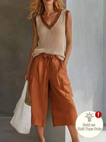 Glimmora Atasan Rajut Kasual Serbaguna Wanita Model V-Neck dengan Blok Warna untuk Sehari-hari - MultiWarna - View 1