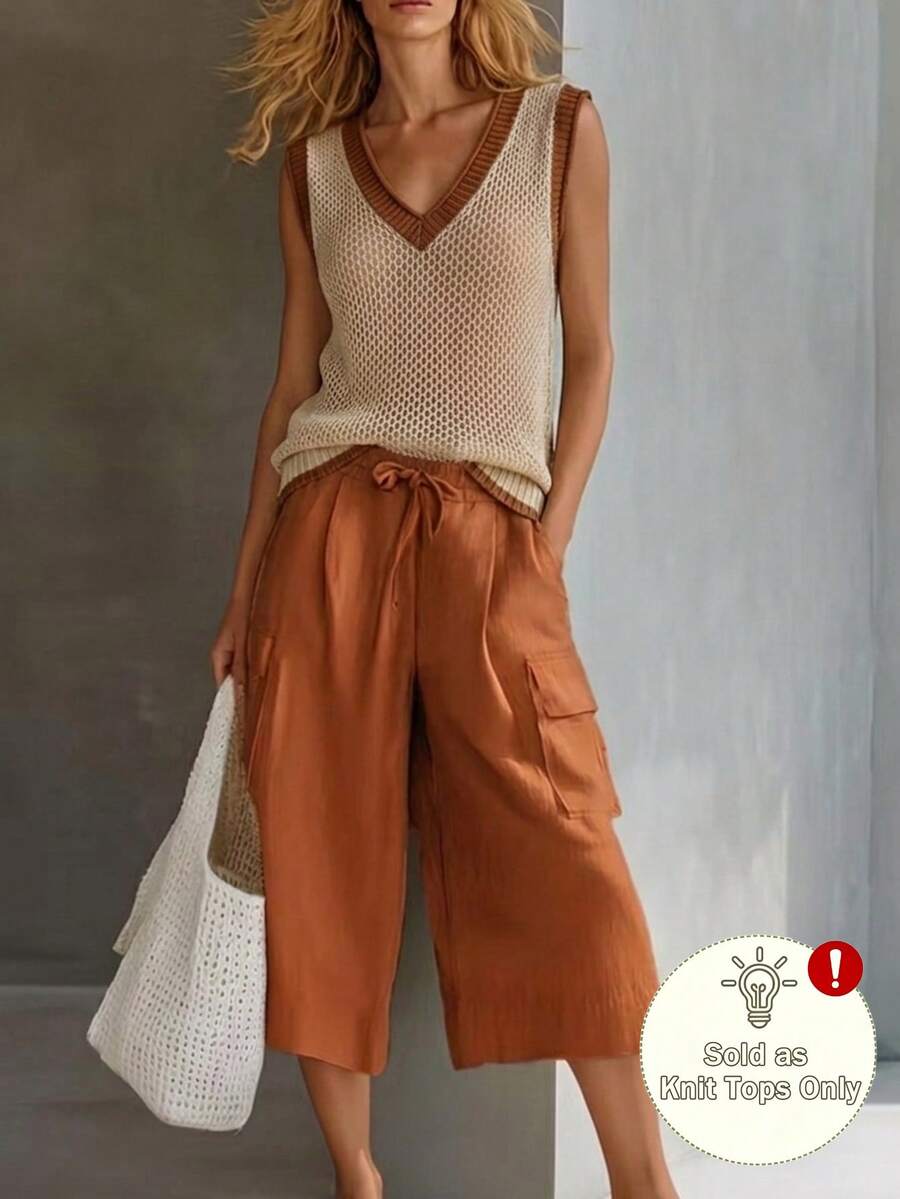 Glimmora Atasan Rajut Kasual Serbaguna Wanita Model V-Neck dengan Blok Warna untuk Sehari-hari - MultiWarna - View 1