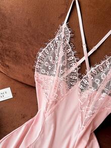 Moireta French Elegant Sexy Lace Hollow Out Camisole Dress & Robe 2 Pieces Pajama Set For Women - Pink - View 4