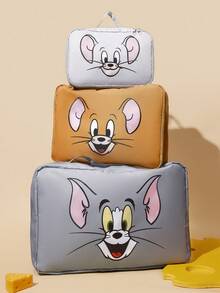 TOM & JERRY X SHEIN 卡通貓鼠旅行收納袋，適合學生/成人，衣物/化妝品收納袋，3種尺寸，單件/套組販售 - 灰棕藍 - 查看 1