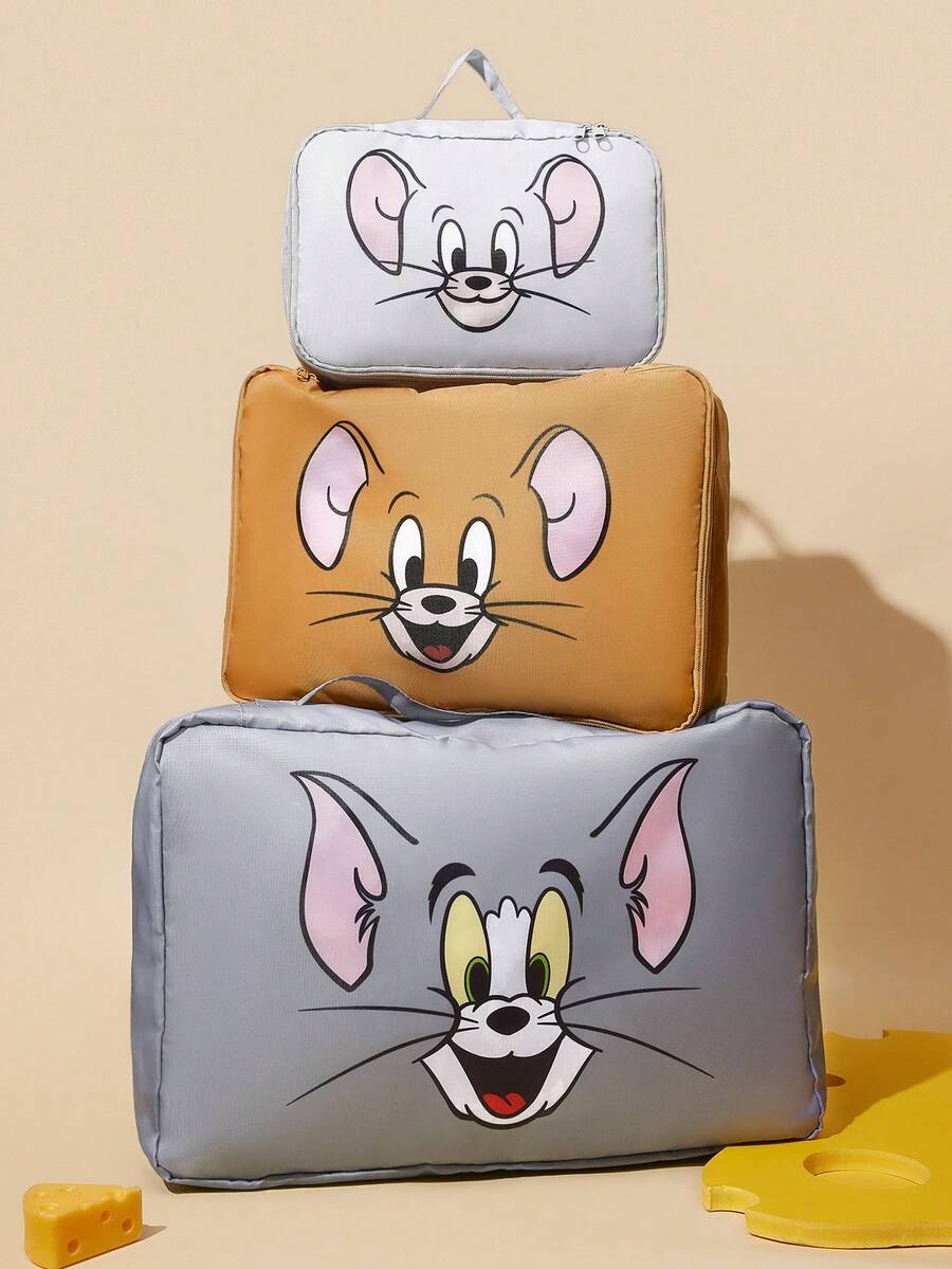 TOM & JERRY X SHEIN 卡通貓鼠旅行收納袋,適合學生/成人,衣物/化妝品收納袋,3種尺寸,單件/套組販售 - 灰棕藍 - 查看 1