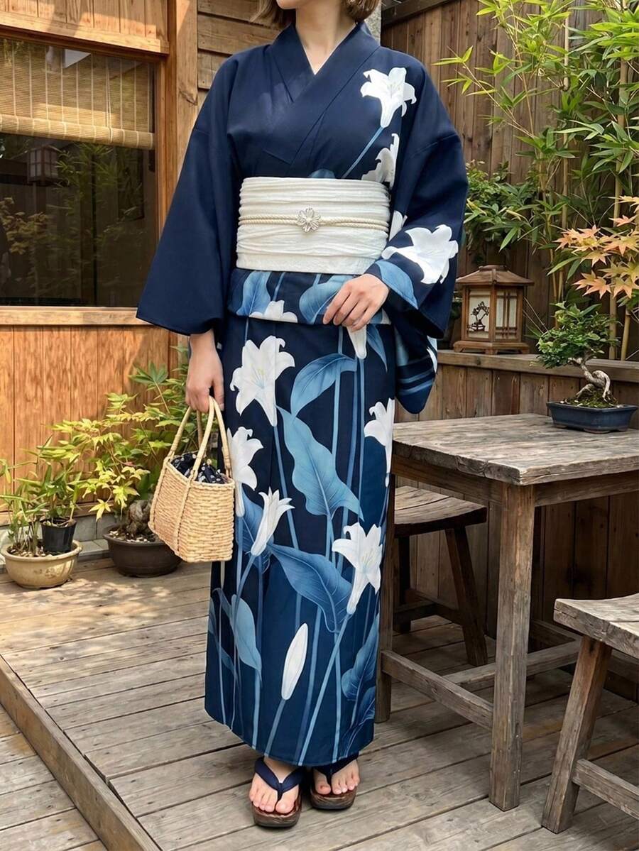 Irokai 花卉圖案和服袖浴袍與細肩帶洋裝浴衣套裝 - 彩色 - 查看 1