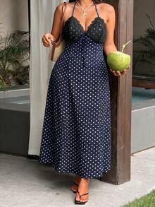 Sunnyshic Robe longue bleu marine à pois avec patchwork de dentelle, col en V, dos nu, nouée dans le dos, coupe trapèze, pour femmes, été, élégante, bohème, douce, mignonne, vacances, plage - Bleu marine - Voir 5
