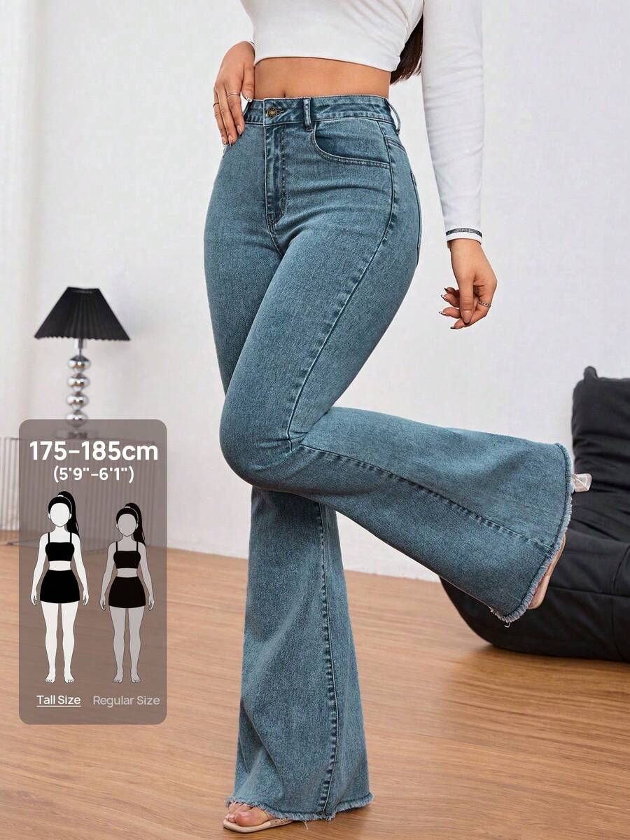 SHEIN Tall 純色口袋鈕扣拉鍊寬腿牛仔褲,適合日常穿著,適合高個女性 - 深色水洗藍 - 查看 1