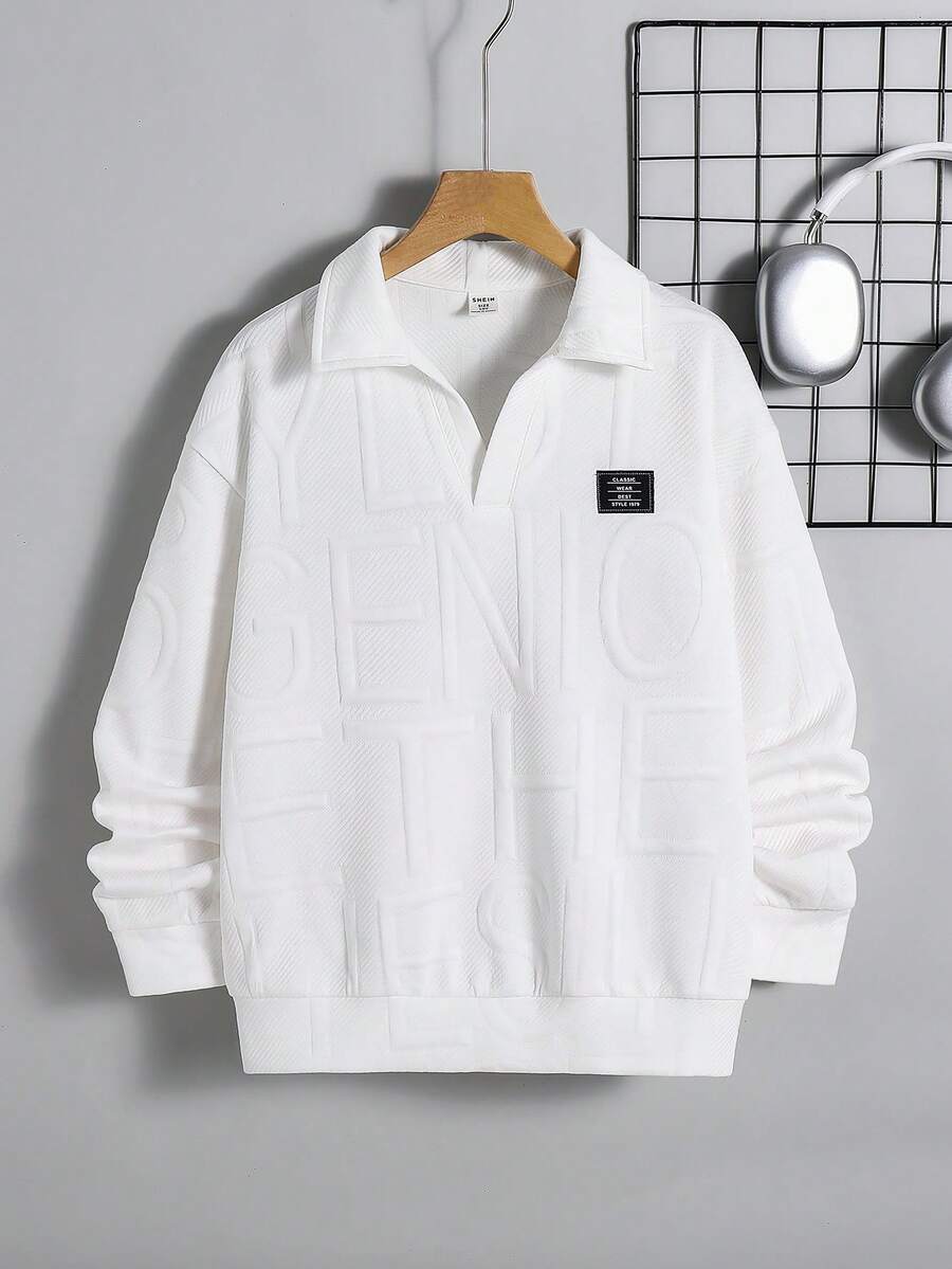 SHEIN 男童紋理布料長袖 Polo 領秋季衛衣,時尚舒適百搭,適合校園與街頭穿搭 - 白色 - 查看 1