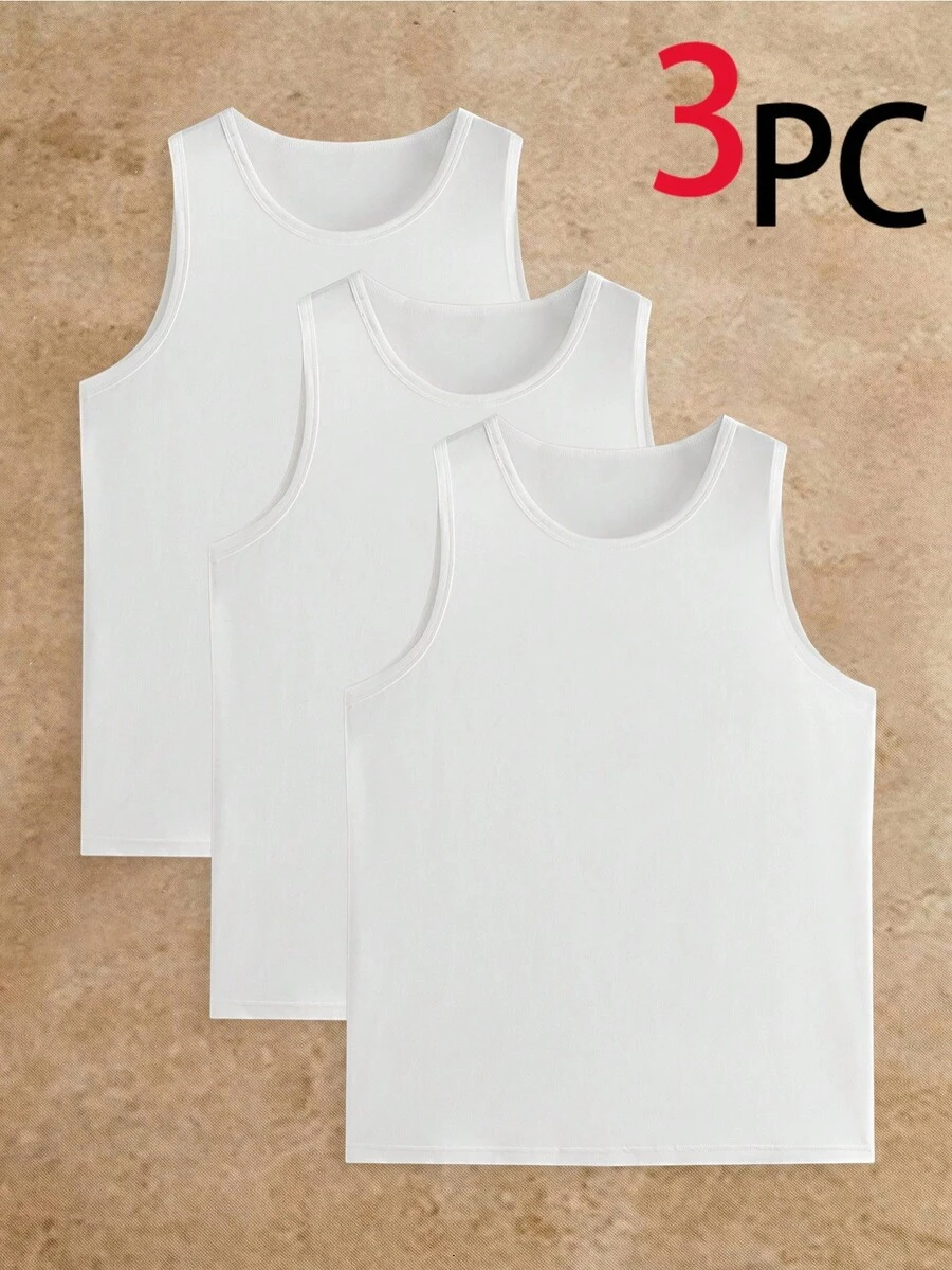 HIMLAND 3pcs Men's Solid Color Crew Neck Knit Casual Basic Top Holiday White Summer - White - View 1