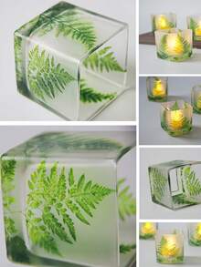 Haus Hana 1Pc/2Pcs Square Glass Tealight Holder, Clear 6cm Glass Embedded With Printed Nordic Green Leaf Pattern, Container For Candle Light Diffusion, Tabletop Ornament For Dinner Arrangement And Romantic Event Decor - multicolor - View 12