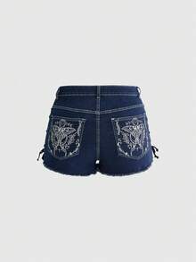ROMWE Dark Gothic Forest Moth Embroidered Pocket Pattern Drawstring Design Plus Size Mini Super Short Denim Shorts - Blue - View 1
