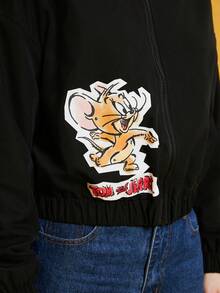 TOM & JERRY X SHEIN Women's Cartoon Pattern Front-zip Hooded Jacket - Black - View 8