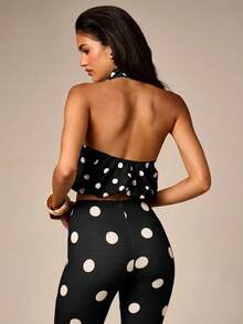 AiiRZ Crop Top Polkadot Model Halter Neck dengan Hem Gelembung dan Punggung Terbuka, Siluet Mengalir untuk Pesta Musim Panas - Hitam dan Putih - View 3