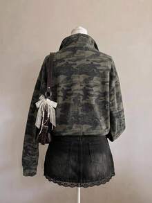 SHEIN EZwear 女款復古經典迷彩半拉鍊運動衫，棕色調，秋季休閒街頭風，適合多種場合，Y2K復古風，返校季秋冬上衣 - 彩色 - 查看 2