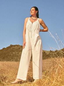 Levarali Women's Sleeveless Long Jumpsuit, Solid White With Tassels, Front Zipper, Straight Wide Leg Pants, Spring/Summer Elegant Cowboy Western Casual Boho - White - View 9