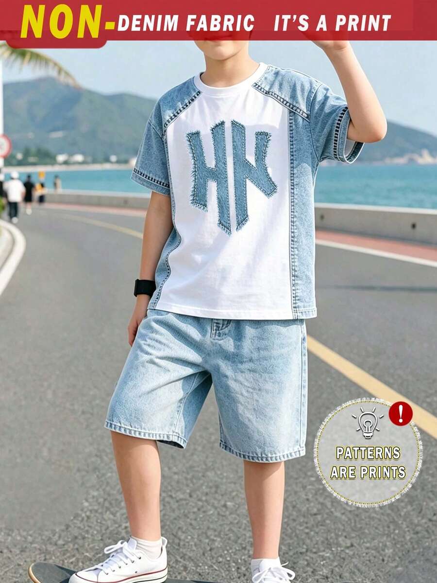 (1套) 夏季男童休閒時尚簡約藍色圖標領口對比白色圖案基礎短袖T恤與短褲,舒適日常穿搭 - 彩色 - 查看 1