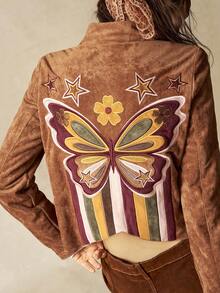 Bohemela 波西米亞復古遊牧風蝴蝶圖案刺繡休閒梭織拼接女款夾克 - 棕色 - 查看 3