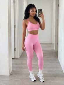 BamGleam Women's Fashion High Waist Contrast Color Seamless Activewear Set Pink Gym Set - Pink - View 1