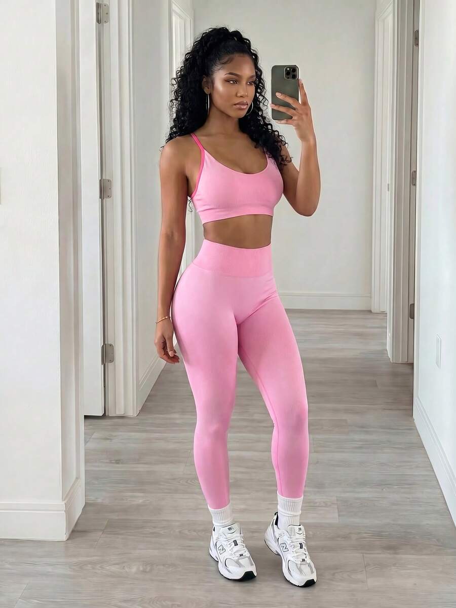 BamGleam Women's Fashion High Waist Contrast Color Seamless Activewear Set Pink Gym Set - Pink - View 1