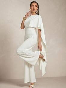 Silquee Women's Asymmetrical Shawl Collar Ribbon Round Neck Jumpsuit, Spring/Summer - Apricot - View 1
