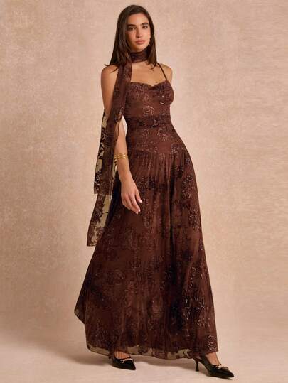 Enchnt Premium Pre-Fall Romantic Women's Elegant Brown Slimming Floral Flocked Dress,Festival Outfits,Casual Dress,Luxury Evening Dress,Birthday Dress