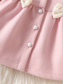 SHEIN Newborn Baby Girls Petal Collar Dress Cute Sweet Pink Bow Decor Pearl Buttons Long Sleeve Round Neck Thick First Birthday Fall Cozy Princess Solid - Pink - View 10