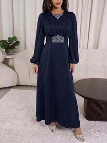 Veilorie New Luxury Elegant Heavy Embellished Rhinestone Exquisite Waist-Cinched Pleated Party Dress - Navy Blue - View 2
