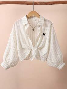 SHEIN Irls' White Collared Drop-Shoulder 3/4 Sleeve Shirt Preppy Style Versatile For School Casual Spring - Black and White - View 4