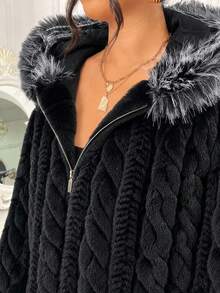 SHEIN LUNE 女款大尺碼優雅法式中長版連帽麻花編織人造毛長袖拉鍊外套，適合戶外、工作、派對、居家、冬季穿著 - 黑色 - 查看 4